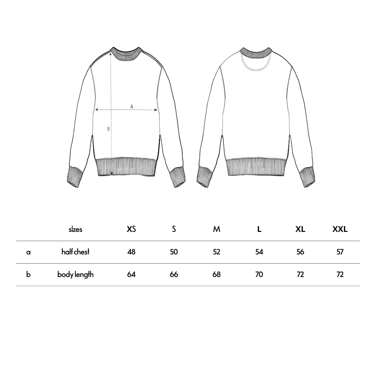 Technische Zeichnung eines Sweatshirts mit Größentabelle. Die Zeichnung zeigt Vorder- und Rückansicht eines Basic-Sweatshirts mit Rippbündchen an Ärmeln, Saum und Halsausschnitt. Darunter eine Größentabelle von XS bis XXL mit Maßangaben für: 'half chest' (48-57 cm) und 'body length' (64-72 cm). Im Design sind Messpunkte mit gestrichelten Linien markiert.