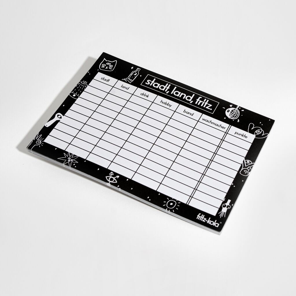 Schwarzer Spielbogen "stadt, land, fritz." mit weißem Raster. Spalten: stadt, land, drink, hobby, band, wachmacher, punkte. Schwarzer Rand mit weißen Symbolen wie Katze, Flasche, Weltkugel und fritz-kola Logo
