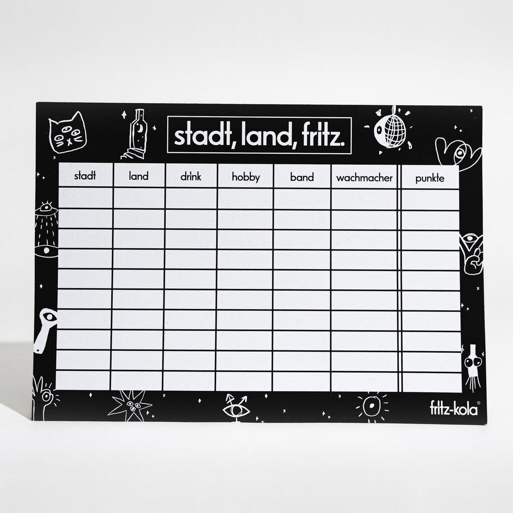 Schwarzer Spielbogen "stadt, land, fritz." mit weißem Raster. Spalten: stadt, land, drink, hobby, band, wachmacher, punkte. Schwarzer Rand mit weißen Symbolen wie Katze, Flasche, Weltkugel und fritz-kola Logo