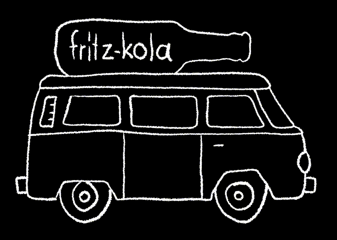 kurzes gif eines gezeichneten VW Bulli mit fritz-kola Flasche auf dem Dach