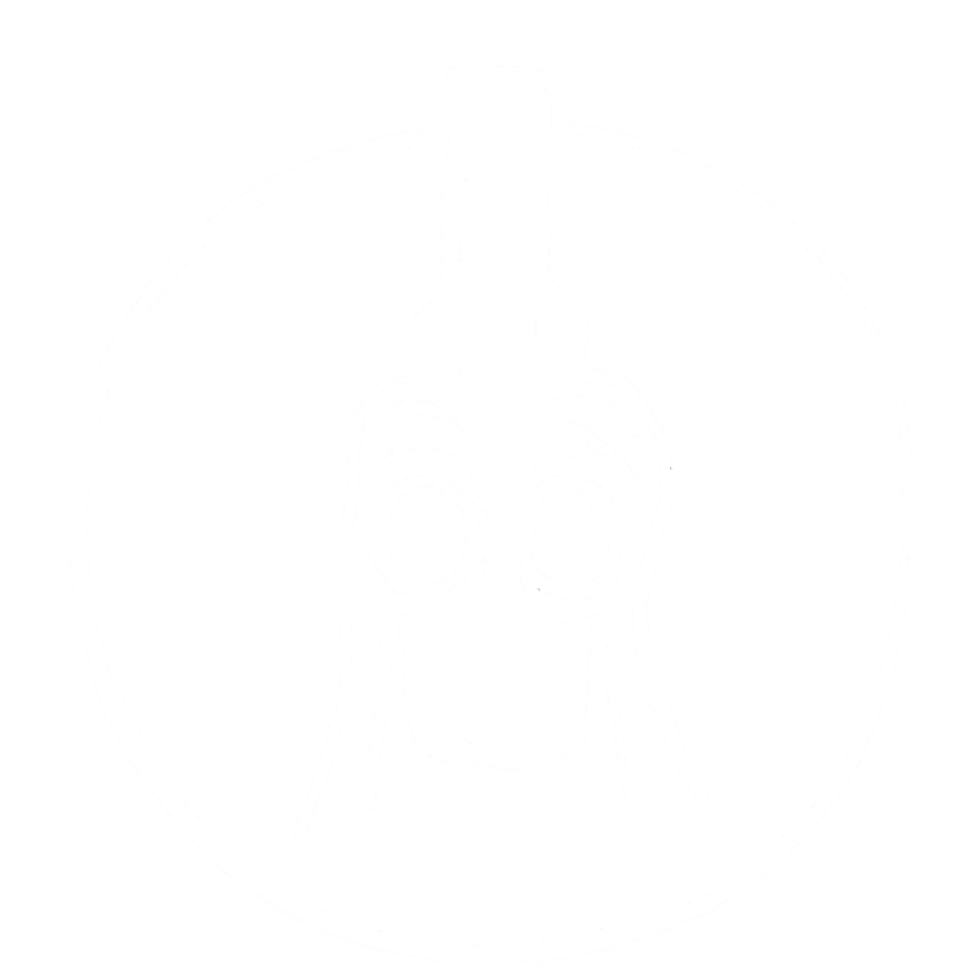 stilisierte Flasche die sich die Hände wie eine Brille vor die Augen hält