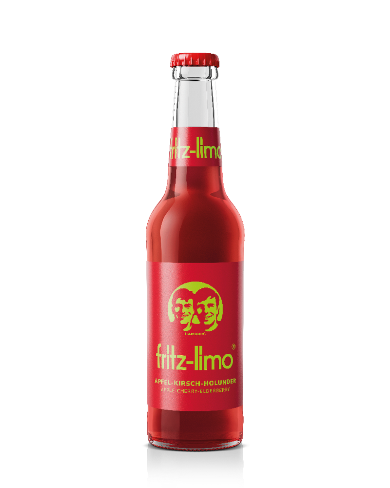 glasflasche fritz-limo apfel-kirsch-holunder mit rotem etikett