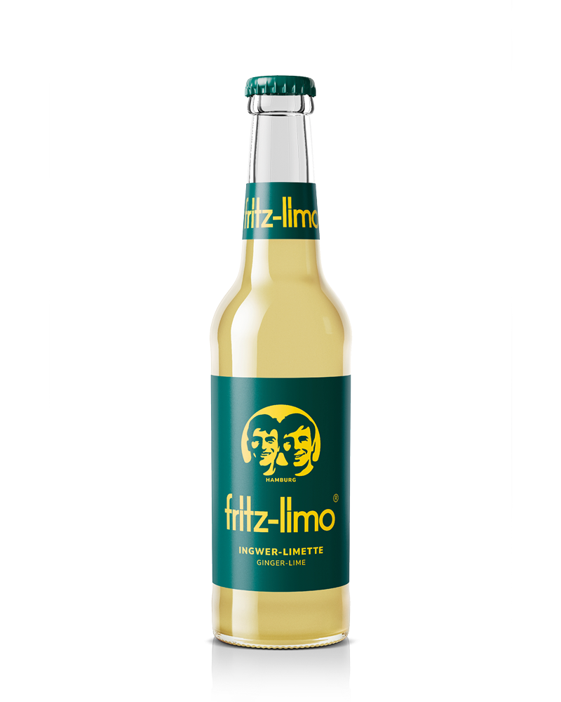 glasflasche fritz-limo ingwer-limette mit grünem etikett