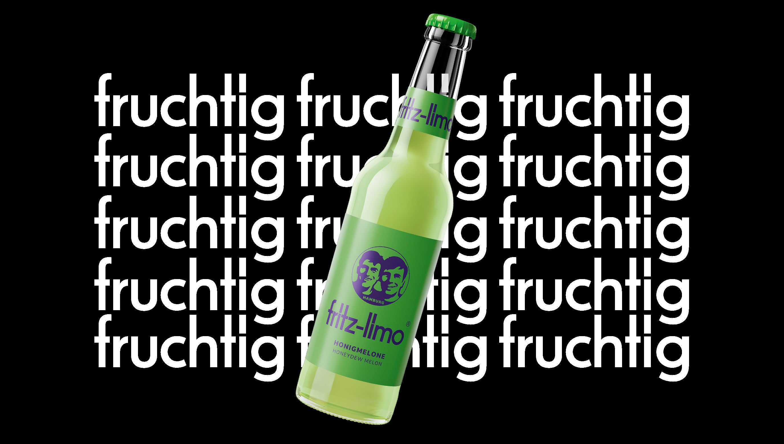 fritz-limo honigmelone 0,33l Flasche ist vor einem schwarzen Hintergrund platziert, auf dem das Wort "bio" in weißer Schrift mehrfach wiederholt wird.