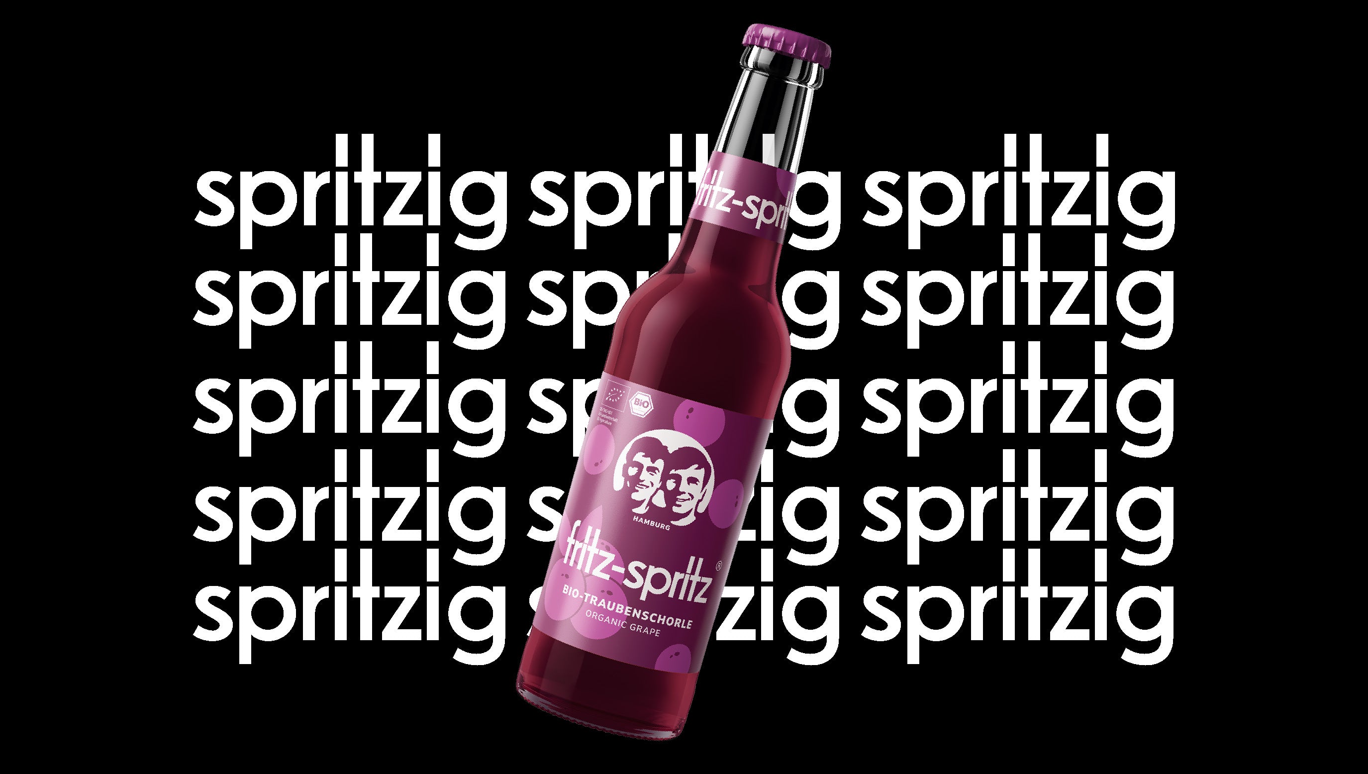 fritz-spritz bio-traubenschorle 0,33l Flasche ist vor einem schwarzen Hintergrund platziert, auf dem das Wort "bio" in weißer Schrift mehrfach wiederholt wird.