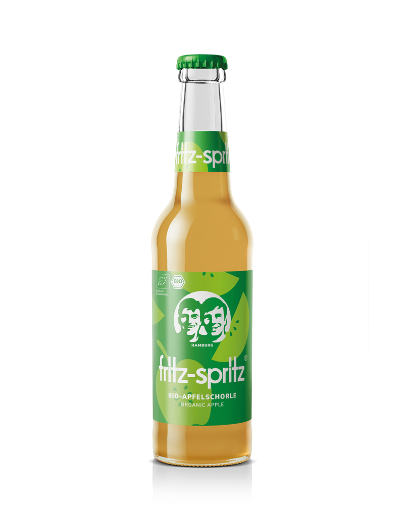 glasflasche fritz-spritz bio-apfelschorle mit grünem etikett