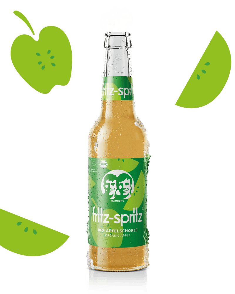 glasflasche fritz-spritz bio-apfelschorle mit grünem etikett und kondenswasser