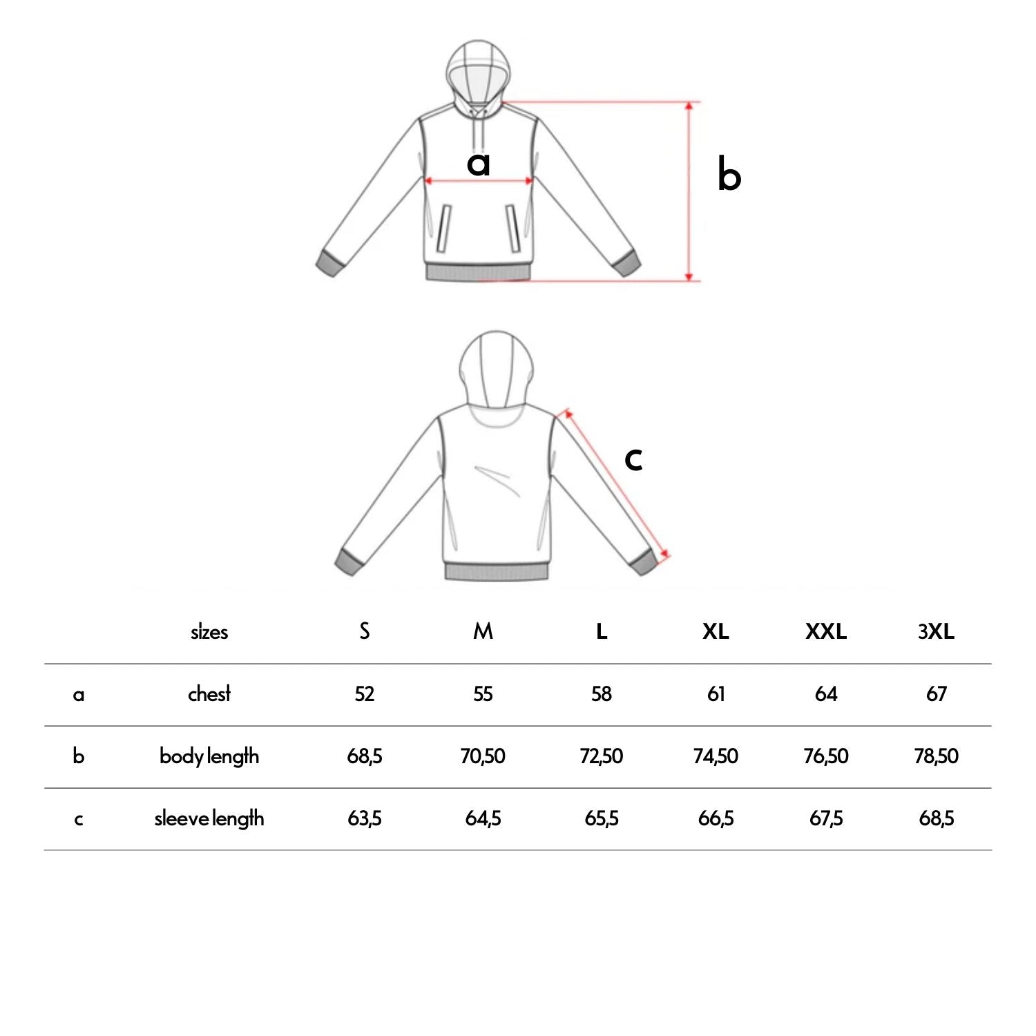 Größentabelle Kolanuss Hoodie
unisex