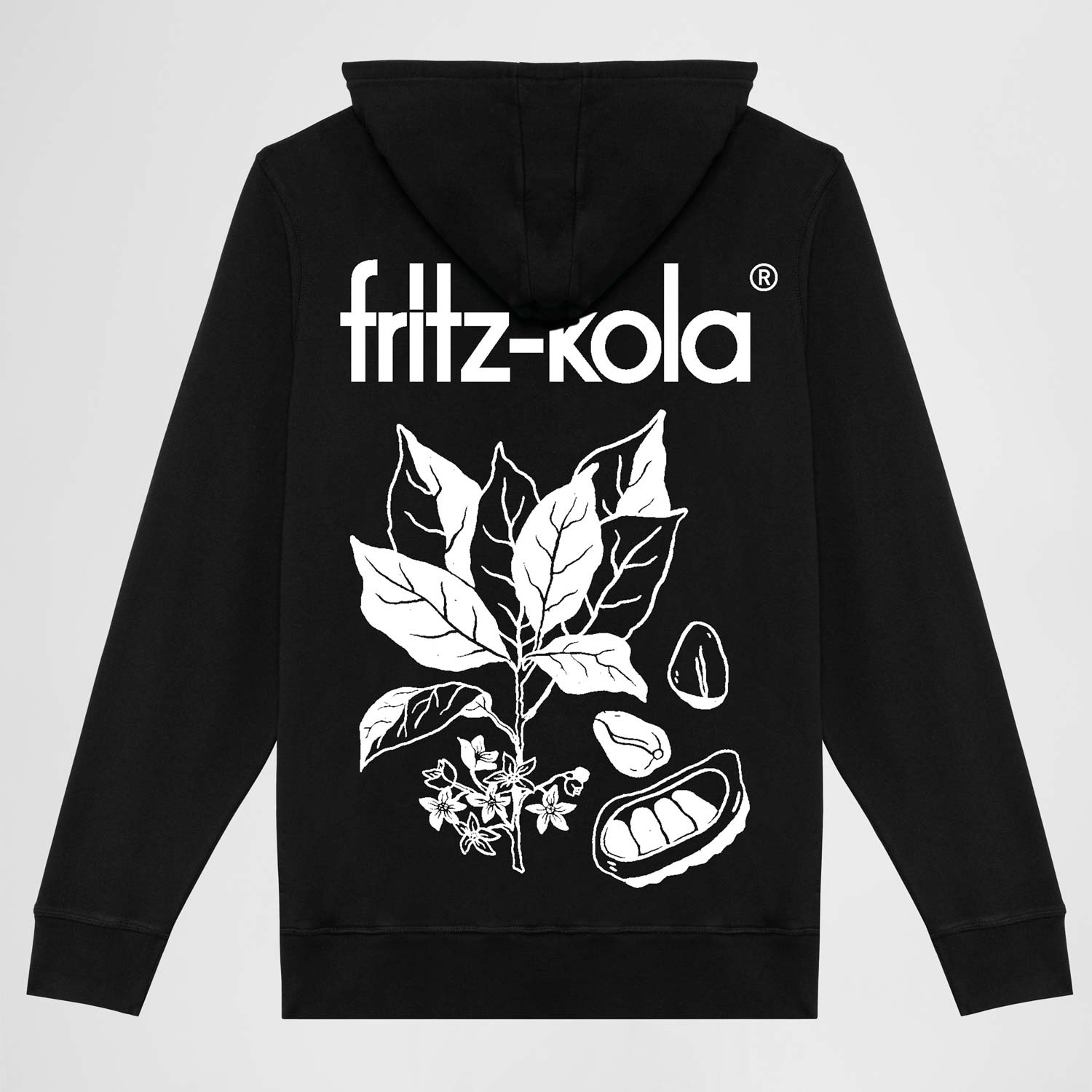 Rückansicht eines schwarzen Kapuzenpullovers mit großem fritz-kola Logo und botanischer Illustration in weiß. Die Zeichnung zeigt eine Kaffeepflanze mit Blättern, Blüten und Kaffeebohnen, darunter eine aufgeschnittene Kaffeebohne.