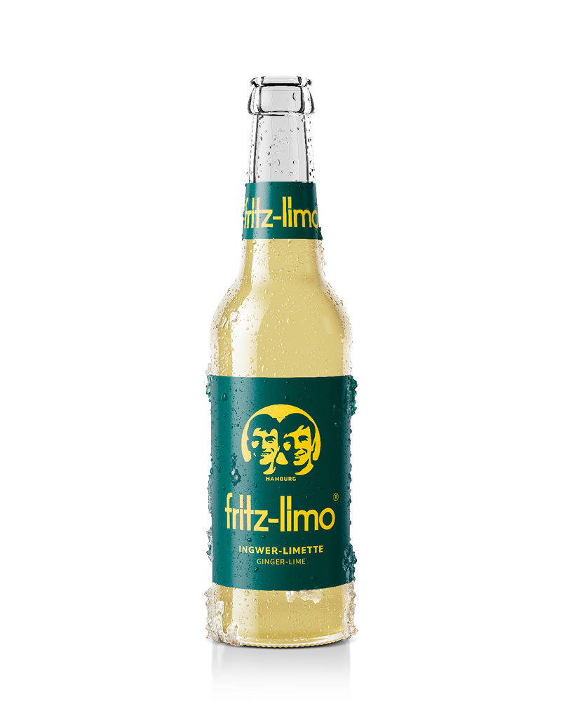 glasflasche fritz-limo ingwer-limette mit grünem etikett
