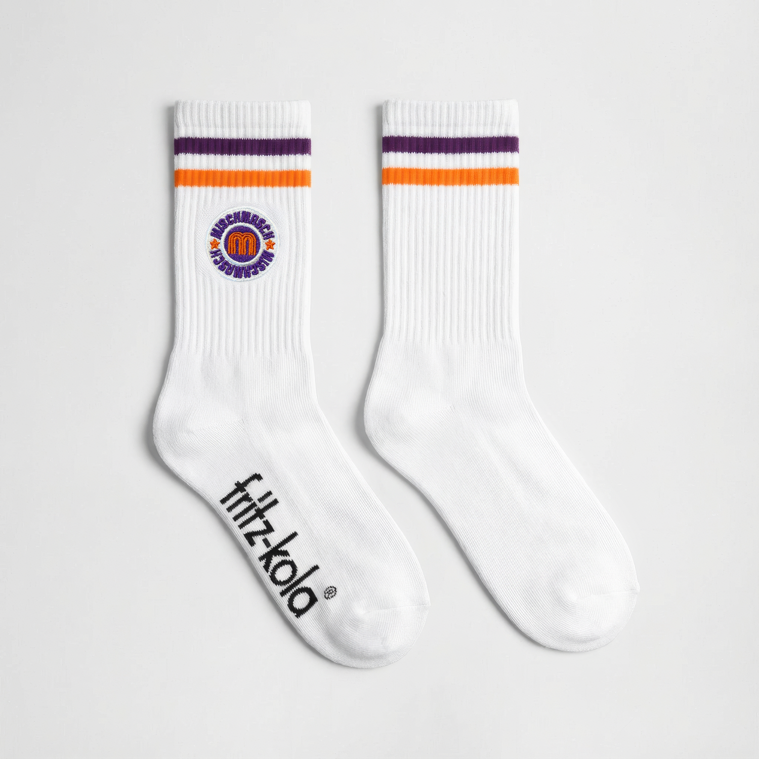 fritz-kola mischmasch socken mit mischmasch Logo und zwei Streifen (Violet und Orange) am oberen Rand. 