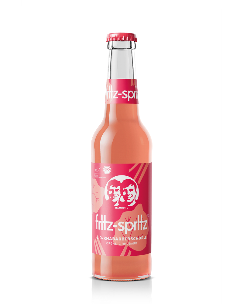 glasflasche fritz-spritz bio-rhabarberschorle mit rotem etikett