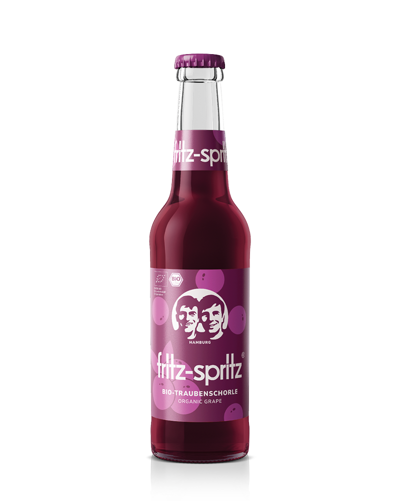 glasflasche fritz-spritz bio-traubenschorle mit violettem etikett